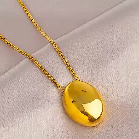 Gold Minimalist Long Oval Sweater Necklace Stainless Steel Pendant Waterproof - Picture 7 of 8